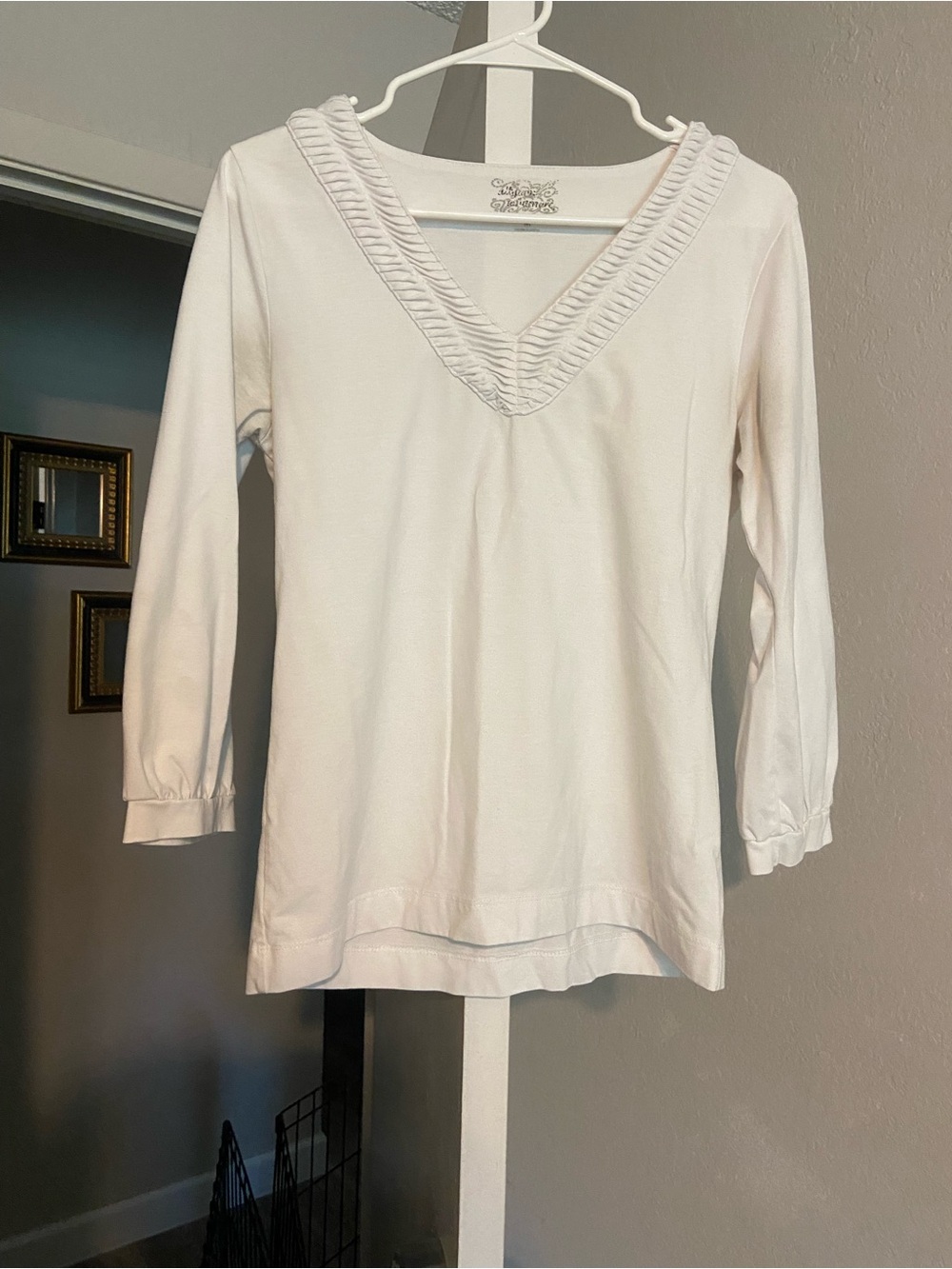 Women's White V-Neck Ruffled Trim Top